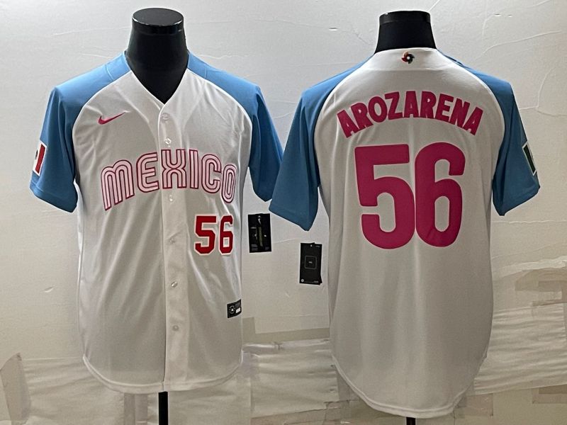 Men 2023 World Cub Mexico #56 Arozarena White blue Nike MLB Jersey5
